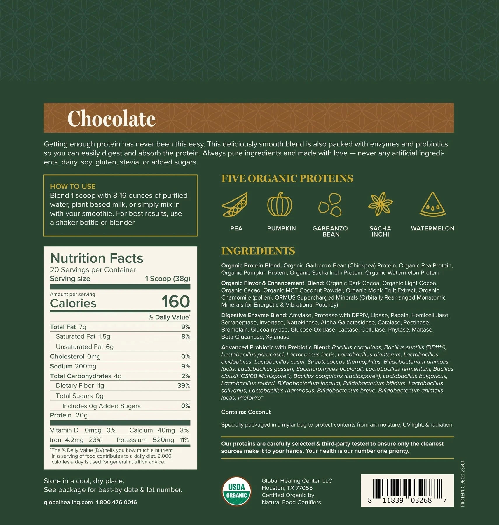 Global Healing Organic Chocolate Vegan Protein | Plant-Based Protein Powder Wild Fire House